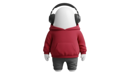Funny egg character with red hoodie and headphones isolated PNG, cute cartoon mascot on transparent background for graphic design
