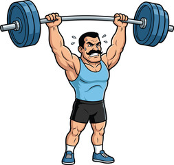 Cartoon Muscular Man Lifting Heavy Barbell with Blue Weights Keywords: man, muscular, weightlifter, athlete, strong, powerful