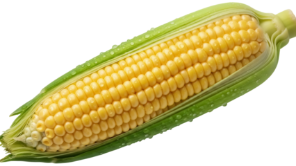 Fresh yellow corn on the cob PNG isolated, sweetcorn with green husk on transparent background for healthy eating and cooking