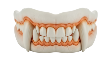 Vampire teeth isolated PNG on transparent background, scary Halloween fangs for costume party and horror themed designs