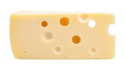 Swiss cheese block isolated PNG, yellow dairy product with holes on transparent background, food ingredient for cooking and snacking