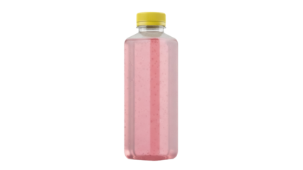 Pink lemonade in a clear plastic bottle with yellow cap isolated PNG, refreshing summer drink on transparent background