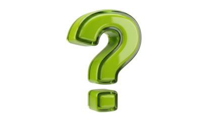 Green glass question mark isolated PNG on transparent background, 3D rendering symbol for uncertainty and problem solving