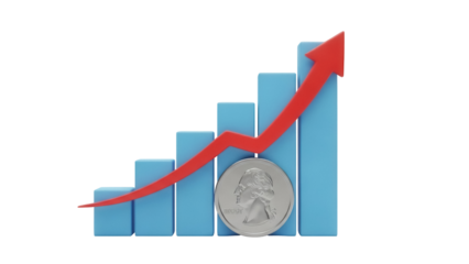 Rising blue bar graph with red arrow and silver coin isolated PNG, financial growth concept for business and investment success on transparent background