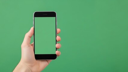 Hand holding smartphone with green screen on a solid green background.