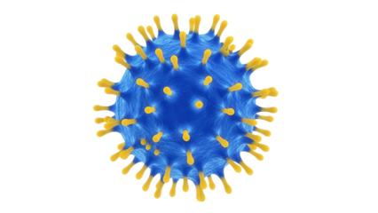 Blue and yellow virus particle isolated PNG, detailed microscopic view of a pathogen on transparent background, medical and scientific visualization