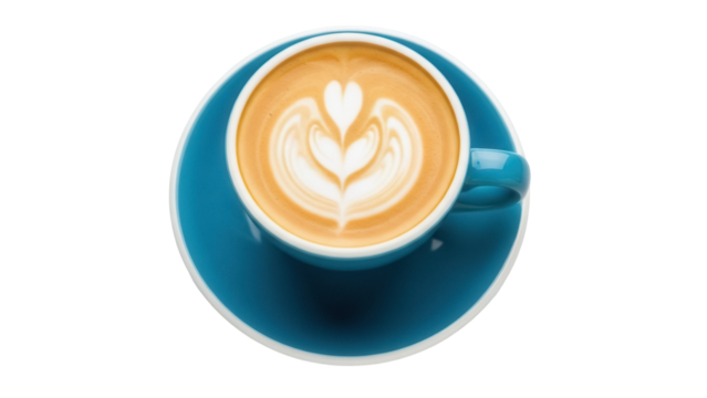 Latte art in a blue cup isolated PNG, coffee drink with heart design on transparent background, cappuccino for cafe menu - Powered by Adobe