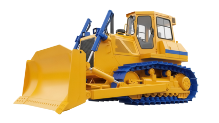 Yellow bulldozer PNG isolated on transparent background, heavy construction equipment for earthmoving and demolition projects