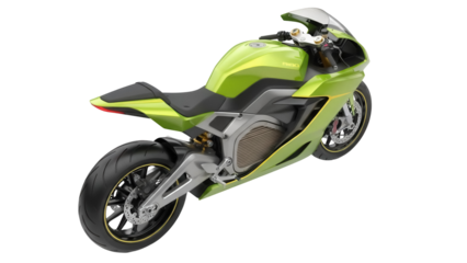 Green electric motorcycle PNG isolated on transparent background, modern futuristic motorbike for eco-friendly transportation and design use