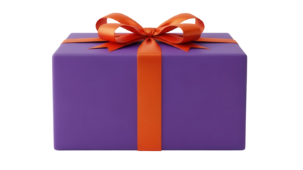 Purple gift box with orange ribbon isolated PNG, present for birthday or special occasion on transparent background