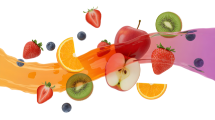 Vibrant assortment of fresh strawberries blueberries kiwi slices and orange wedges splashing through colorful liquid streams with a red apple and cut isolated on white transparent background