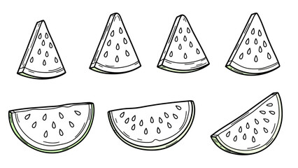 Hand drawn watermelon slice pattern in simple black line art with green accents