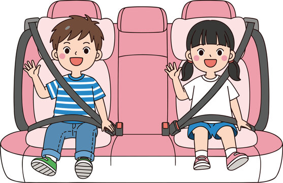 Happy children sitting safely in car back seat wearing seat belts, smiling and waving, cute family travel safety illustration