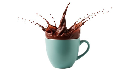 Chocolate splash in a blue mug isolated PNG, delicious hot drink on transparent background for food and beverage designs