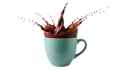 Chocolate splash in a blue mug isolated PNG, delicious hot drink on transparent background for food and beverage designs