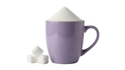 Lilac mug full of sugar and sugar cubes isolated PNG, sweetening ingredient for coffee and tea on transparent background, baking supply