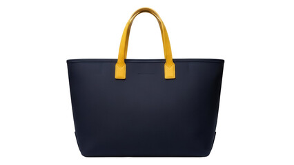 Navy blue tote bag with yellow handles isolated PNG, stylish and versatile accessory for everyday...