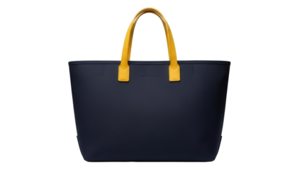 Navy blue tote bag with yellow handles isolated PNG, stylish and versatile accessory for everyday use and fashion design