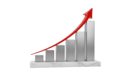 Rising bar graph with red arrow isolated PNG on transparent background, business growth chart for financial success and market analysis