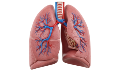 Human lungs isolated PNG on transparent background, detailed anatomical model of respiratory system for medical education and healthcare visuals