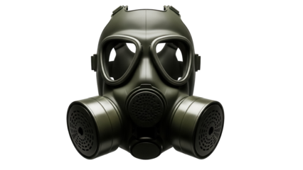 Olive green gas mask PNG isolated on transparent background, military equipment for protection against chemical weapons and toxic substances
