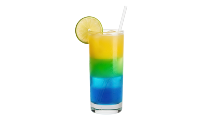 Colorful layered cocktail in glass isolated PNG, refreshing summer drink with lime and straw on transparent background
