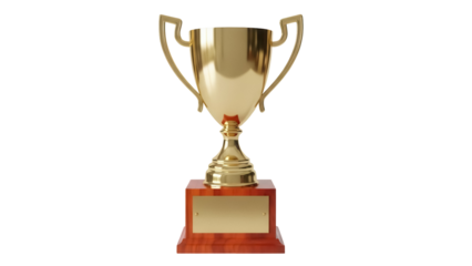 Golden trophy cup isolated PNG on transparent background, award prize for winner and champion in competition or championship