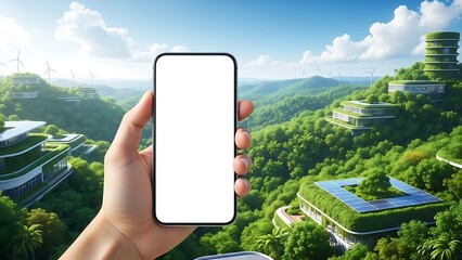 Showcasing sustainable urbanism with smartphone mockup in green landscape.