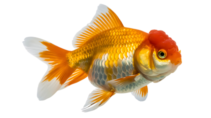 Oranda Goldfish With Red Cap Against Black Background Keywords: goldfish, oranda, fish, pet, aquatic, animal, underwater, freshwater, aquarium, orange isolated on a transparent background