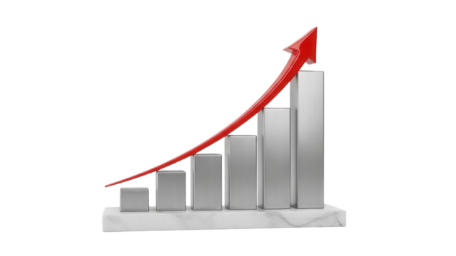 Rising bar graph with red arrow isolated PNG on transparent background, business growth chart for financial success and market analysis - Powered by Adobe