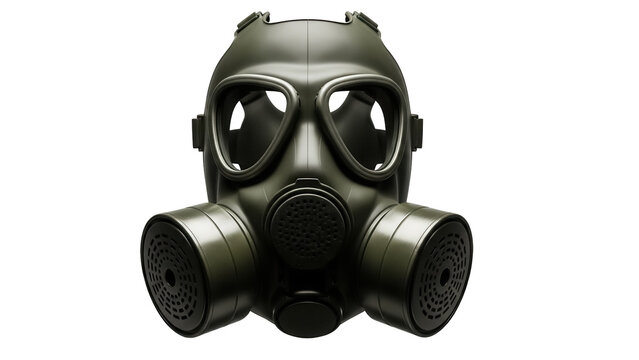 Olive green gas mask PNG isolated on transparent background, military equipment for protection against chemical weapons and toxic substances