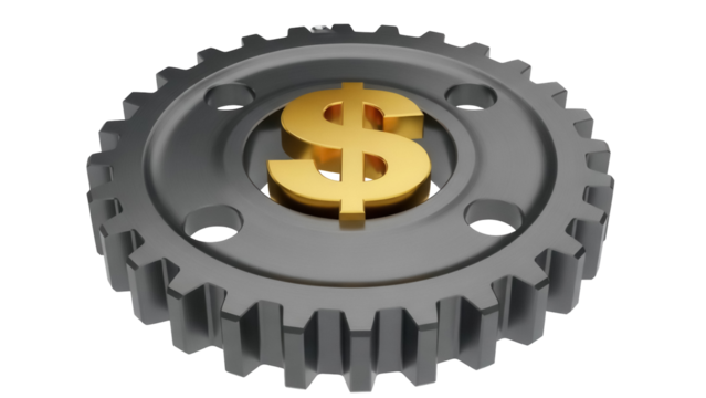 Golden dollar sign inside gray gear isolated PNG, symbol of financial mechanism and business process on transparent background - Powered by Adobe