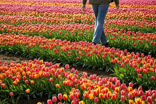 Spaziergang zwischen bunten Tulpenfeldern im Fr&uuml;hling