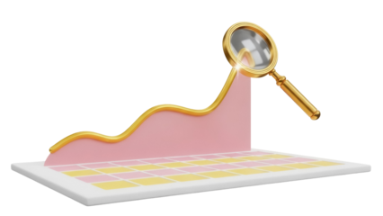 Rising graph with magnifying glass isolated PNG, business growth chart for financial analysis and investment success on transparent background
