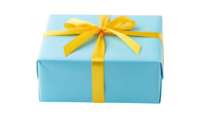 Light blue gift box with yellow ribbon isolated PNG, present for birthday or special occasion on transparent background