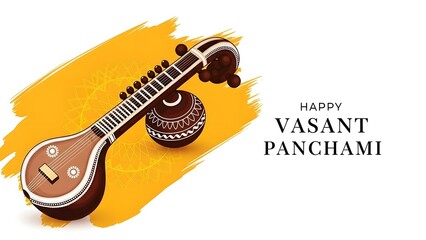 Vasant Panchami greeting card with Saraswati Veena on yellow brush stroke background.