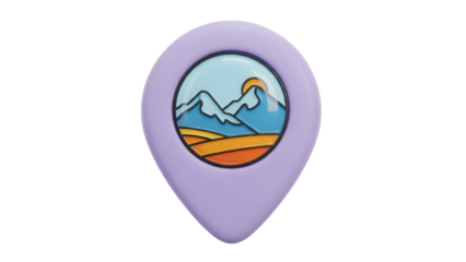 Purple location pin with mountain landscape isolated PNG, travel destination marker for maps and navigation apps on transparent background