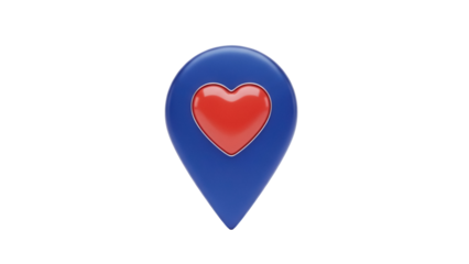 Blue location pin with red heart isolated PNG, favorite place marker for maps and social media