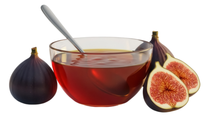 Fresh figs and honey in a glass bowl isolated PNG, delicious fruit halves and whole fig with spoon on transparent background