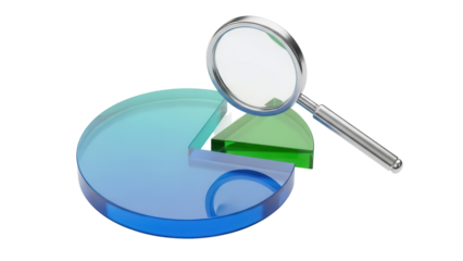 Transparent pie chart with magnifying glass isolated PNG, data analysis and business statistics visualization on transparent background