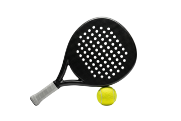 Black Padel Racket and Yellow Padel Ball Product Shot Isolated on White Background