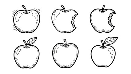 Hand drawn apple line art set with whole and bitten fruit icons for designers