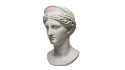 Ancient Greek bust of a woman isolated PNG, classical sculpture with draped headwear on transparent background, Hellenistic art for design