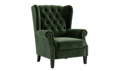 Elegant green velvet wingback armchair isolated PNG, luxurious tufted furniture with nailhead trim for living room or study