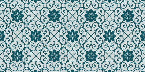 Intricate green floral pattern on a white background with repeating geometric shapes and swirling designs