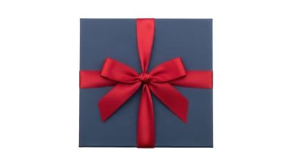 Elegant navy blue gift box with red ribbon isolated PNG, present for special occasions and holidays on transparent background