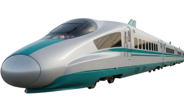 Sleek silver and teal bullet train PNG isolated, high-speed rail transport for modern travel and futuristic design projects