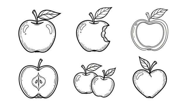 Hand drawn apple collection with whole fruits halves bitten and pair sketches