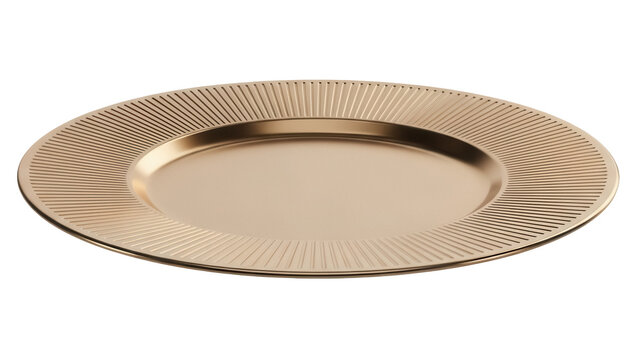 Elegant gold charger plate isolated PNG, decorative tableware with ribbed rim for formal dining and special occasions on transparent background