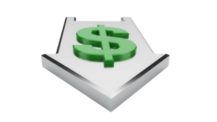 Green dollar sign on downward arrow isolated PNG, financial loss concept for business and investment themes on transparent background